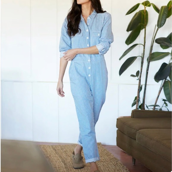 Outerknown Pants - OuterKnown S.E.A Suit Organic Cotton Linen Blend Striped Blue Coverall S…